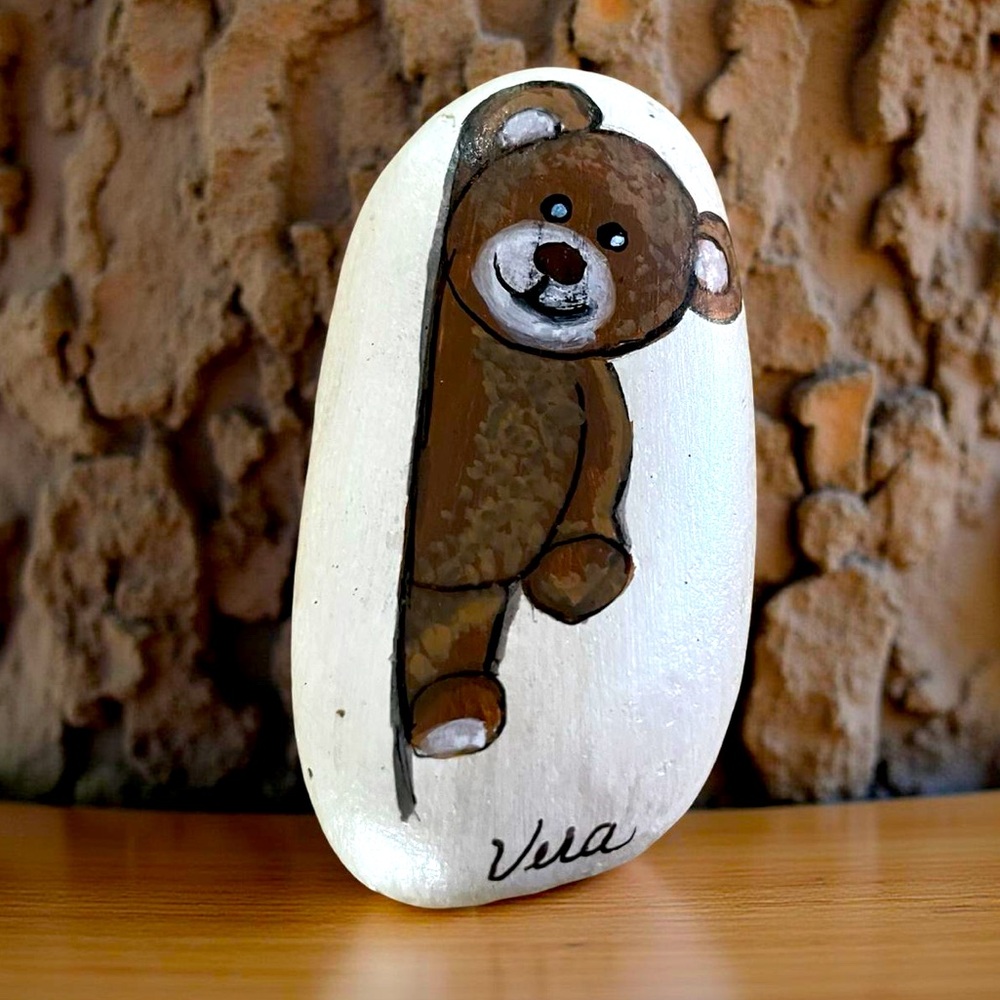 Hand crafted painted brown Teddy Bear rock standing in doorway white stone 2x3.5